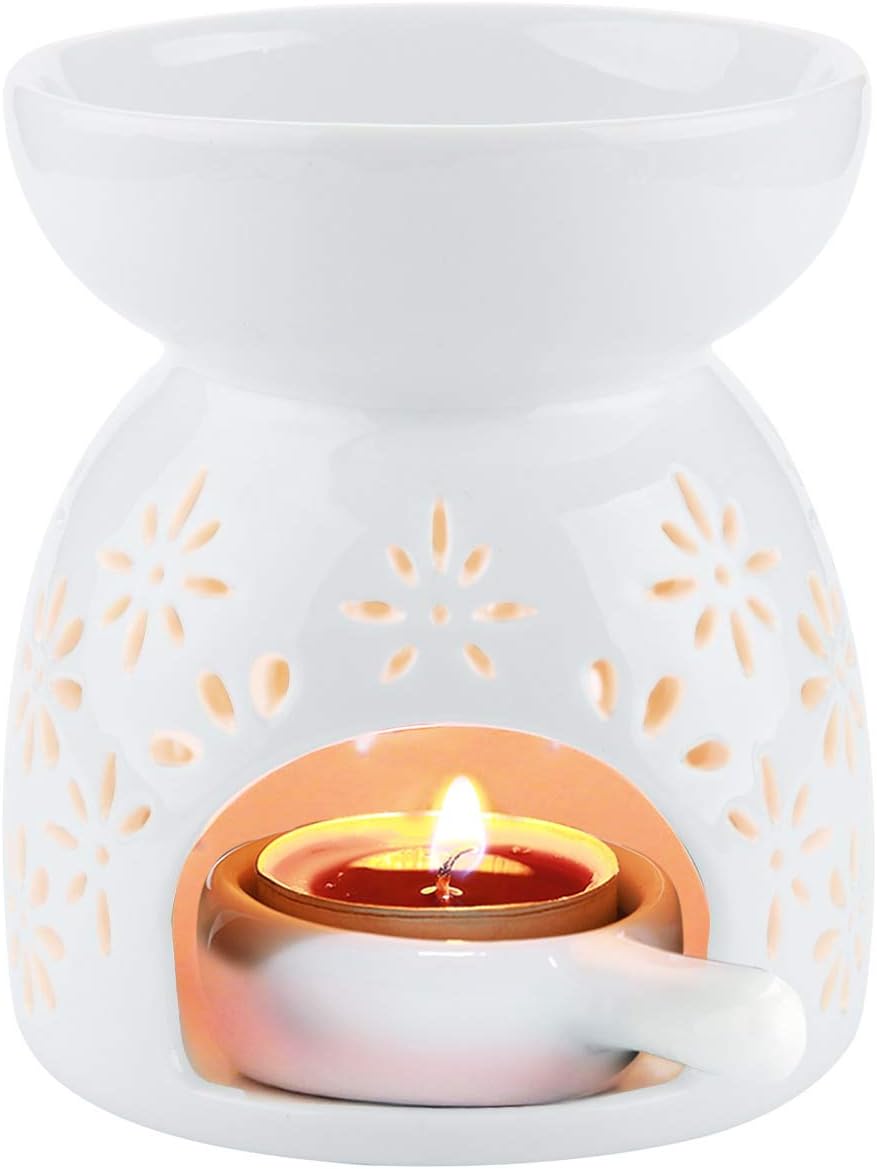 ComSaf Wax Melt Essential Oil Burner White - Flower Pattern, Ceramic Aroma Burne...