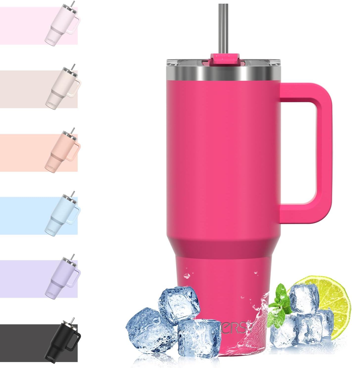 WATERSY Travel Mug Coffee Cup 40oz Tumbler Straw Lid and Handle, Stainless Steel...