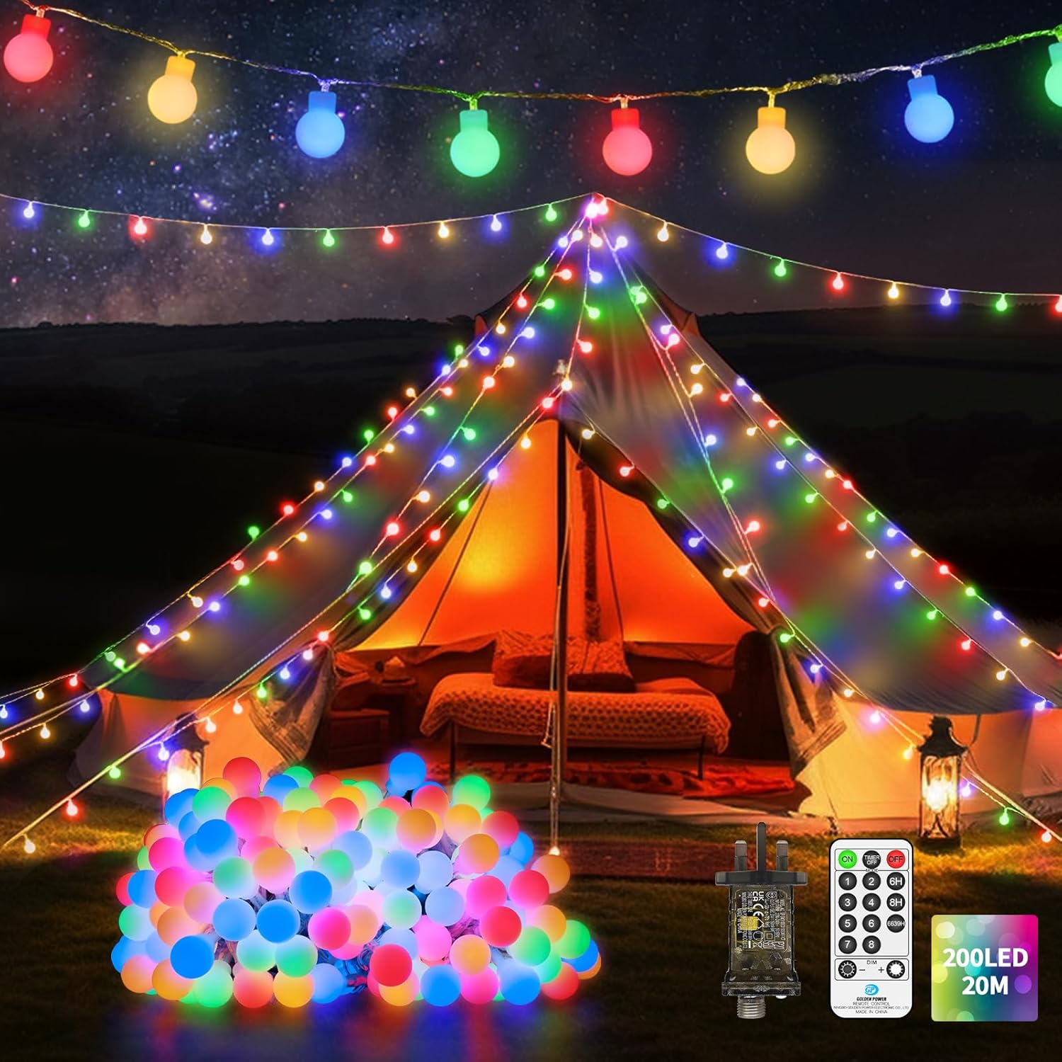 20 M 200 LED Fairy Lights Plug in Outdoor Globe String Lights Waterproof with Re...