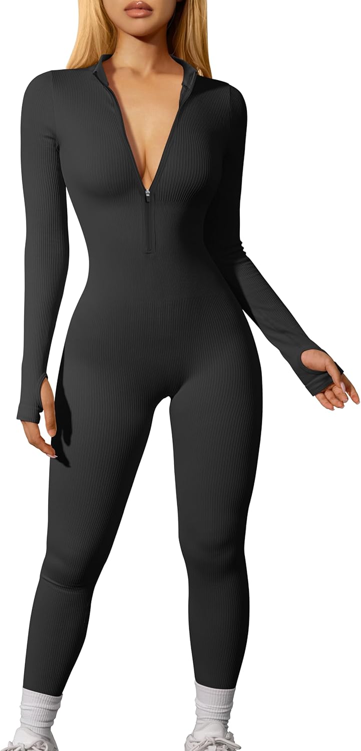 OQQ Women Yoga Jumpsuits Workout Ribbed Long Sleeve Zip Front Sport Jumpsuits Me...