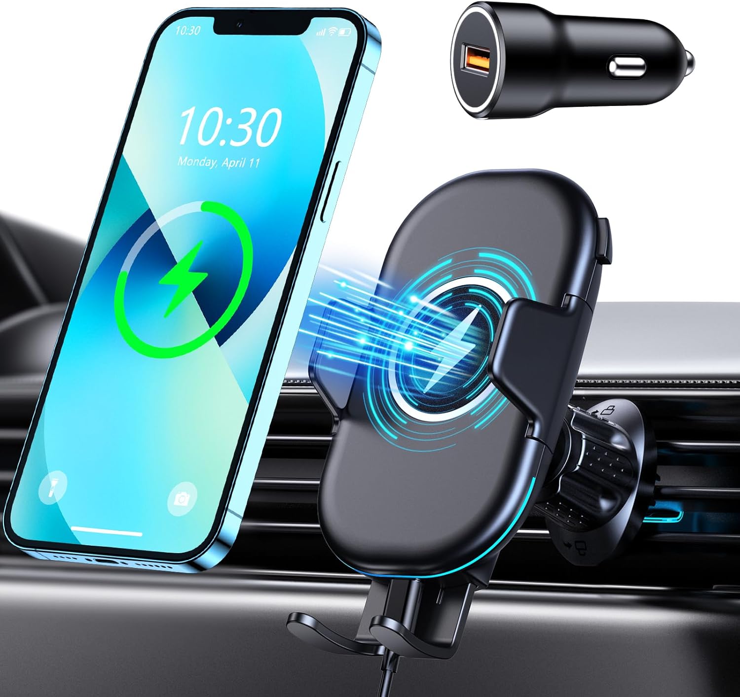 Mohard Wireless Car Charger Mount with QC 3.0 Charger Adapter, Max 15W Qi Fast C...