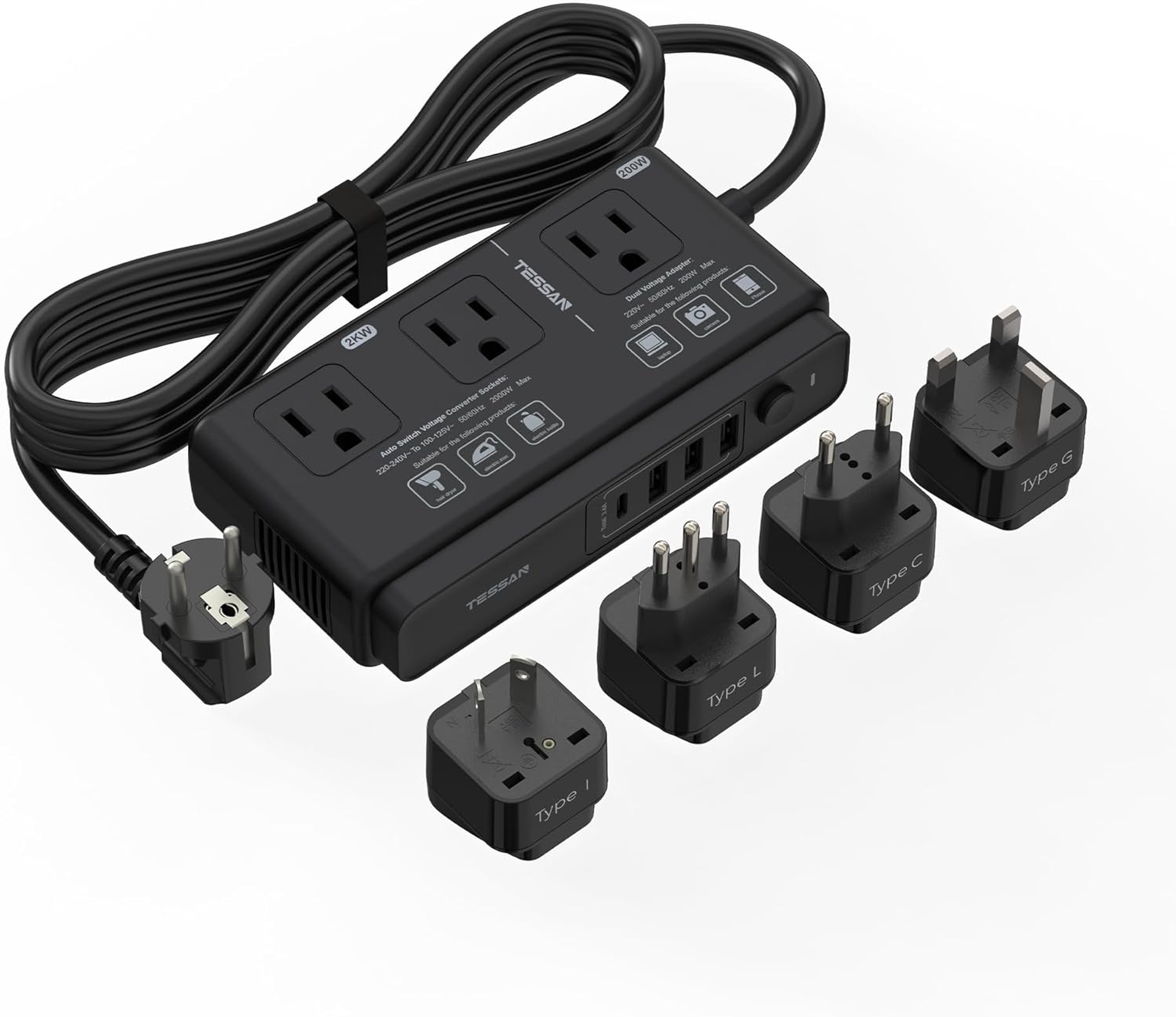 220V to 110V Converter, TESSAN Travel Voltage Converter with 4 USB Ports (1 USB...