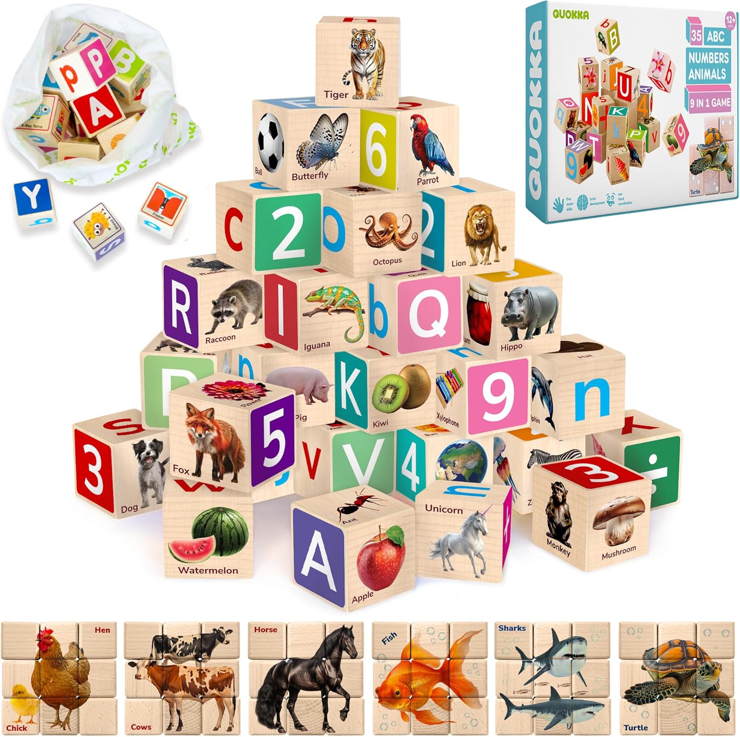 Quokka Wooden Blocks for Toddlers 1-3 - Realistic ABC Learning Baby Blocks for K...