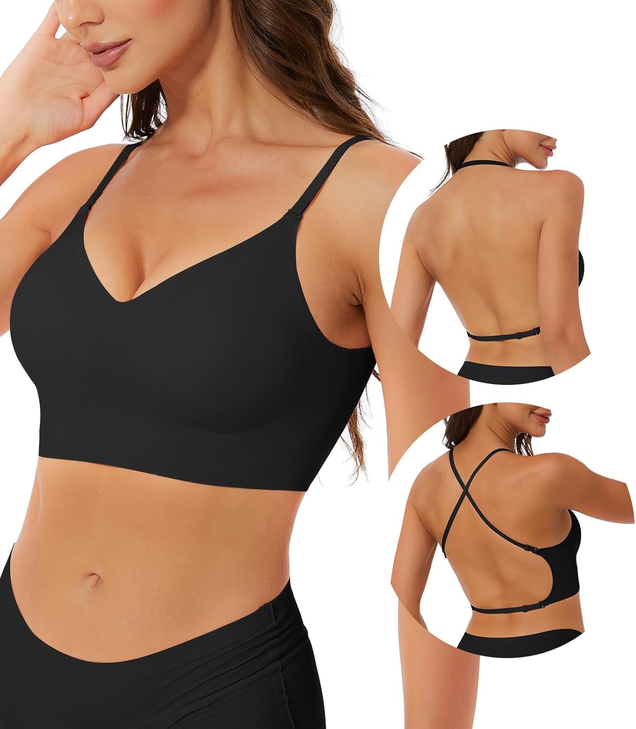 Seamless Low Back Bra Wireless Padded Bralette Thin Straps Comfort Halter Backle...