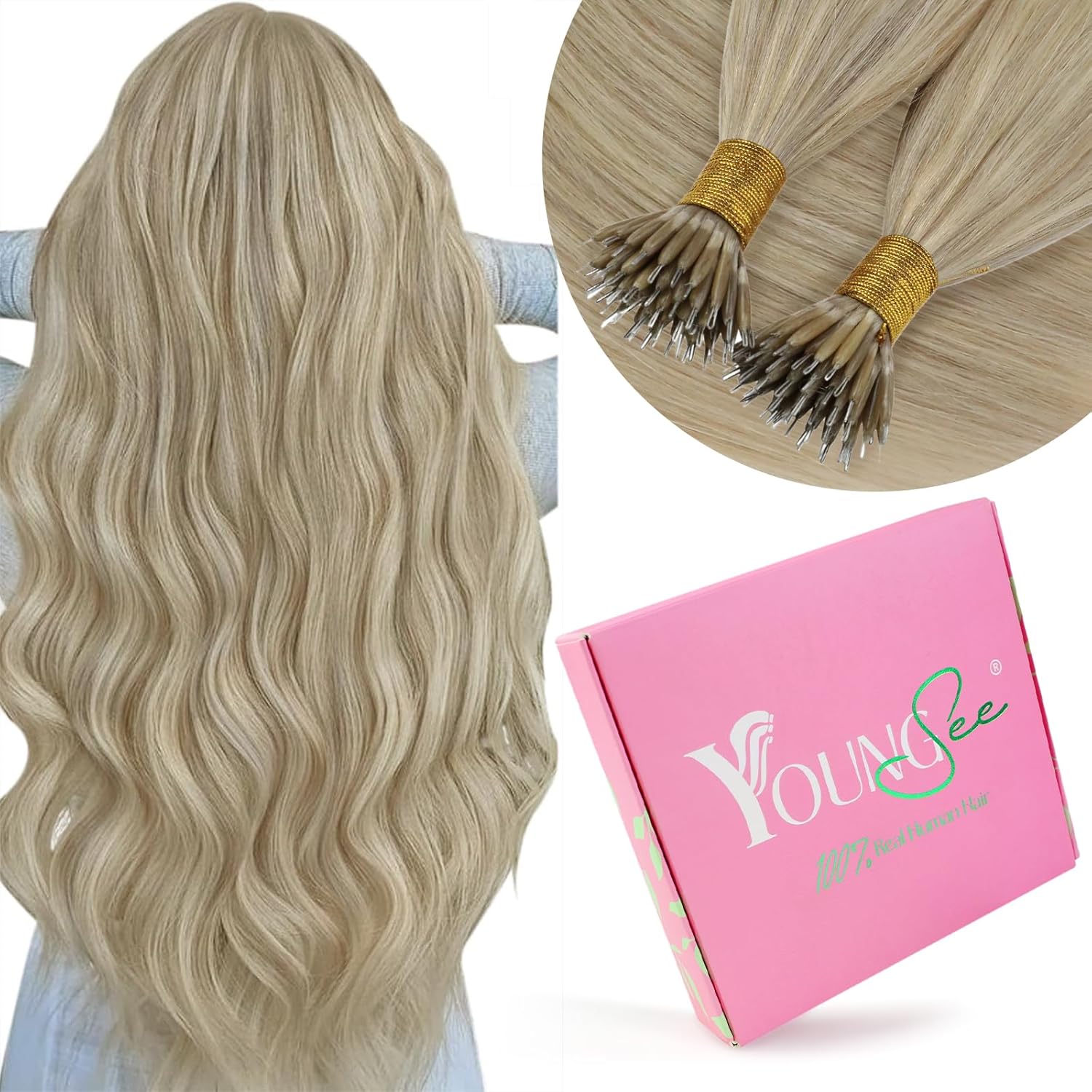 YoungSee Nano Ring Hair Extensions Blonde Nano Remy Hair Extensions Warm Ash Blo...