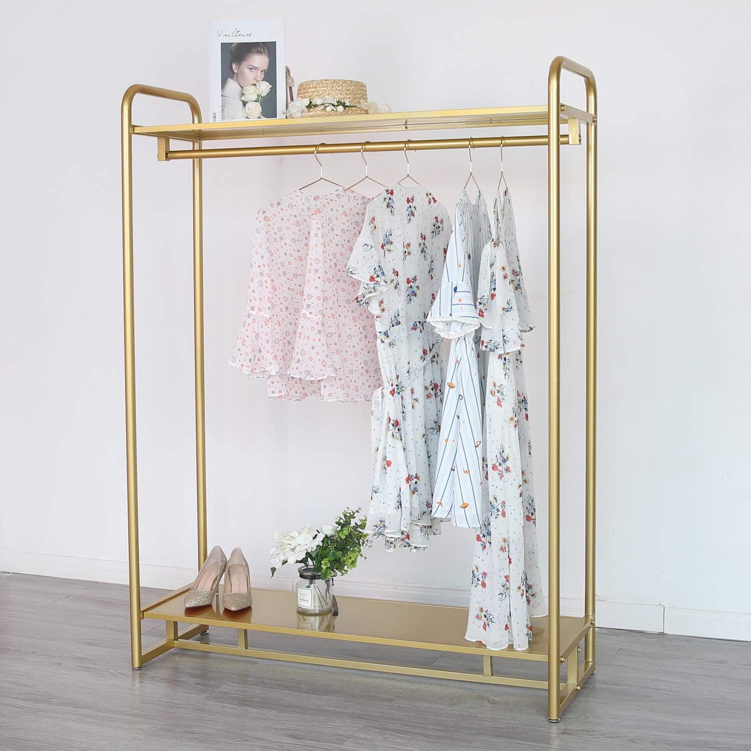 HOMEKAYT Gold Clothing Rack with Shelf Gold Garment Rack Gold Clothes Rack Gold...