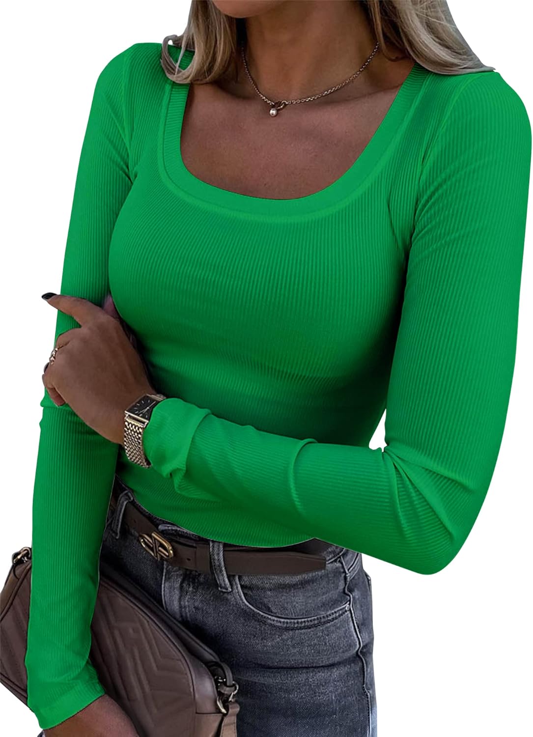 Roselux Womens Long Sleeve Scoop Neck Ribbed Knit Fitted Casual Tops Tee Slim Ba...