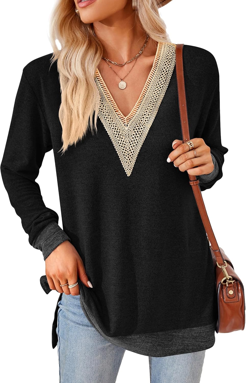 iChunhua Womens V Neck Lace Trim Lightweight Soft Jumpers Ladies Colour Contrast...