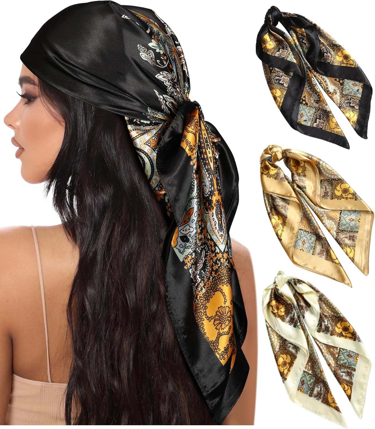 AWAYTR 35” Large Square Satin Head Scarf - 3Pcs Satin Hair Scarves Silk Bandana...
