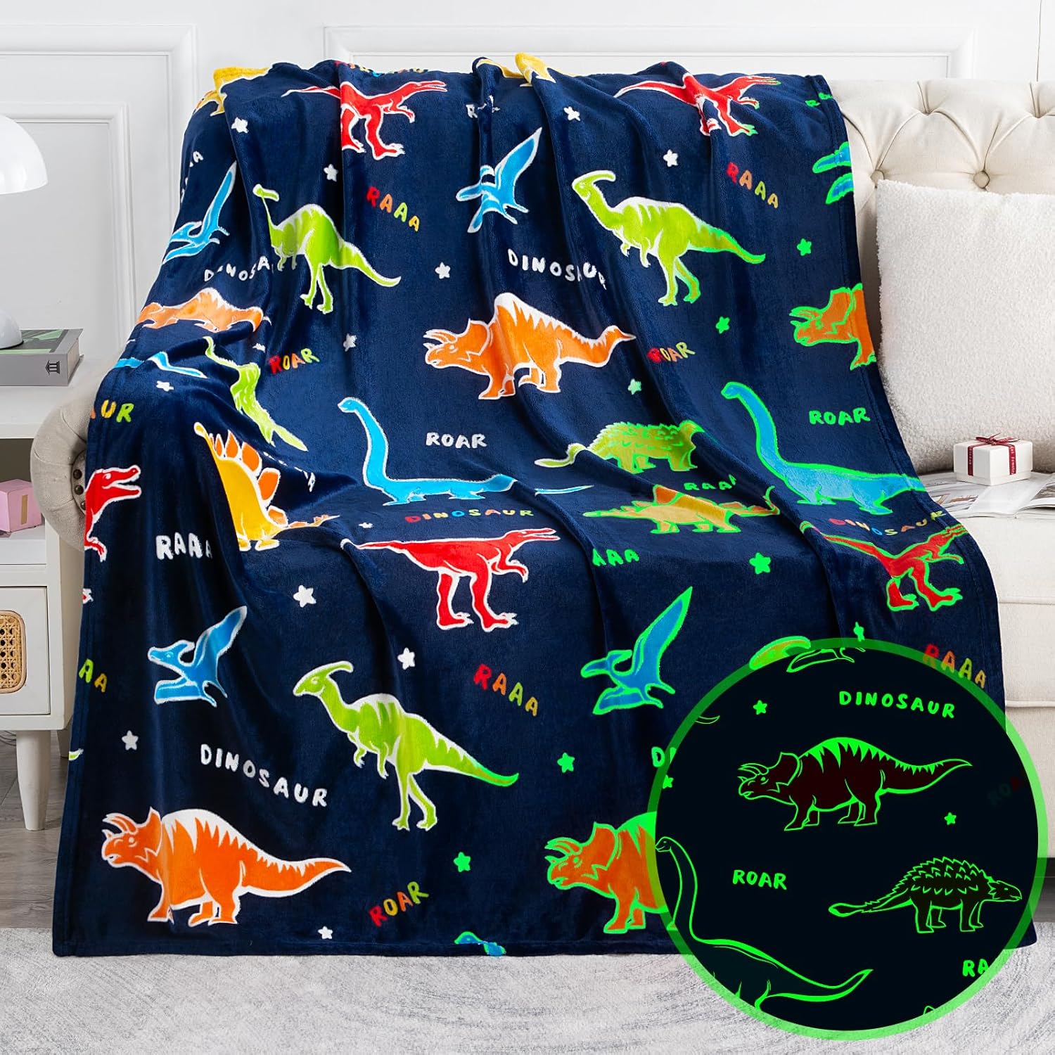 Jekeno Dinosaur Glow in The Dark Blanket Dino Throw for Kids Boys Girls Birthday...