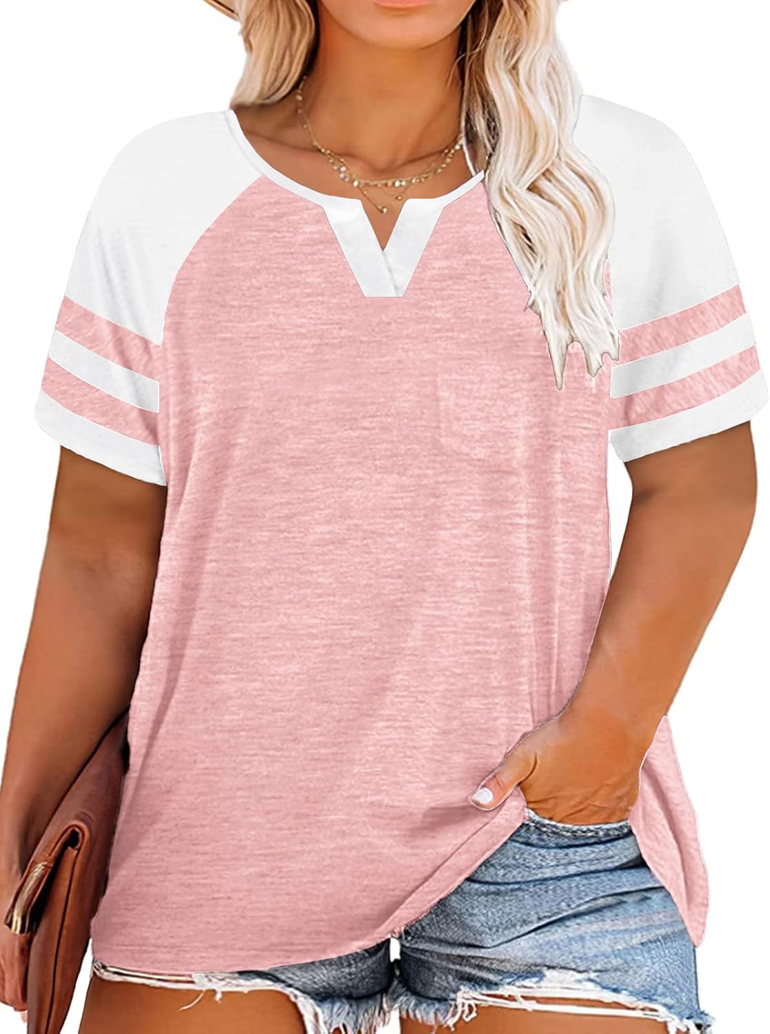 VISLILY Plus-Size Tops for Women Summer V Neck T Shirts Color Block Raglan Tees...