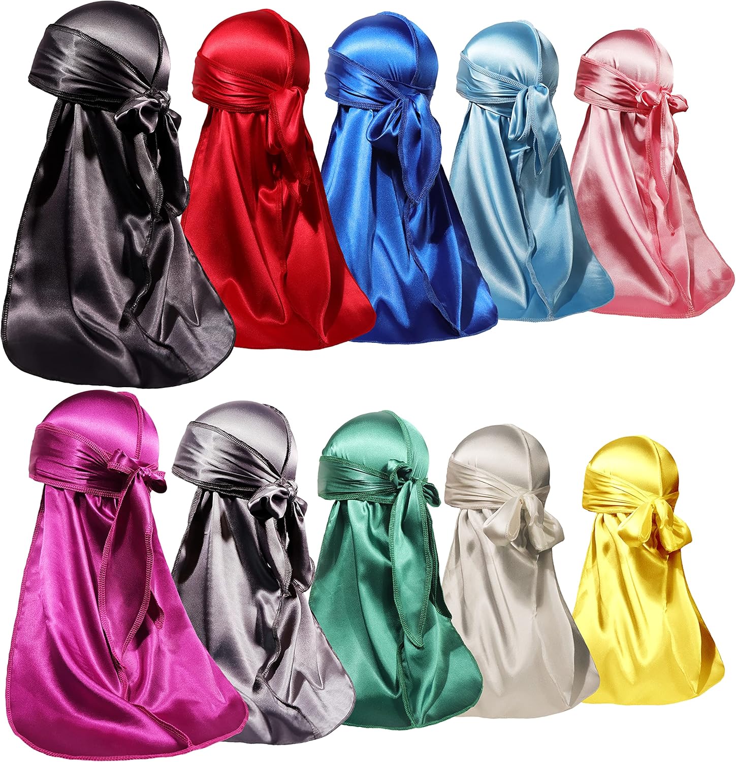 ForceWave 10 Pieces Silky Durags Long Tail for Women Men Satin Durag 360 Wave，D...