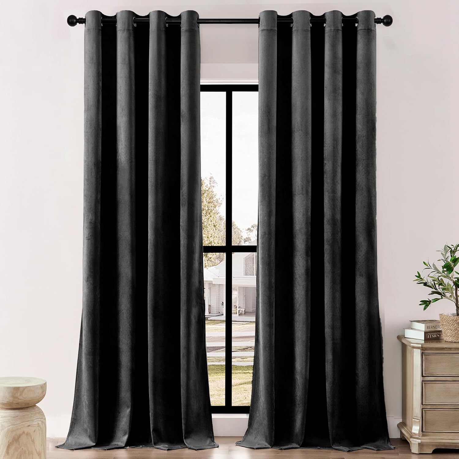 Timeper Grommet Black Velvet Curtains W52 x L96 inches 2 Panels, Blackout Solid...