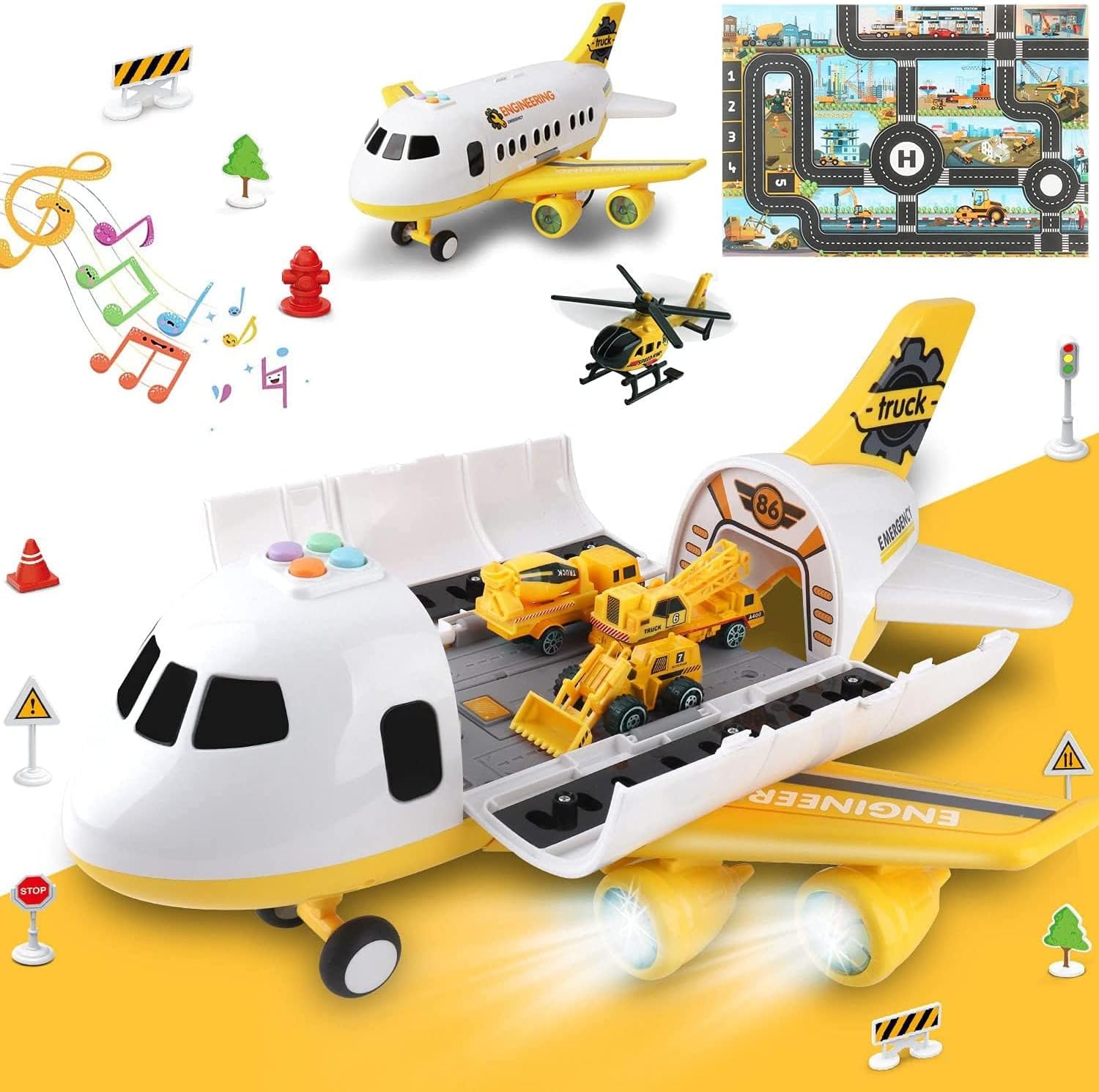 Dwi Dowellin Construction Toy Airplane Set/Play Mat,Excavator,Bulldozer,Mixer,Du...