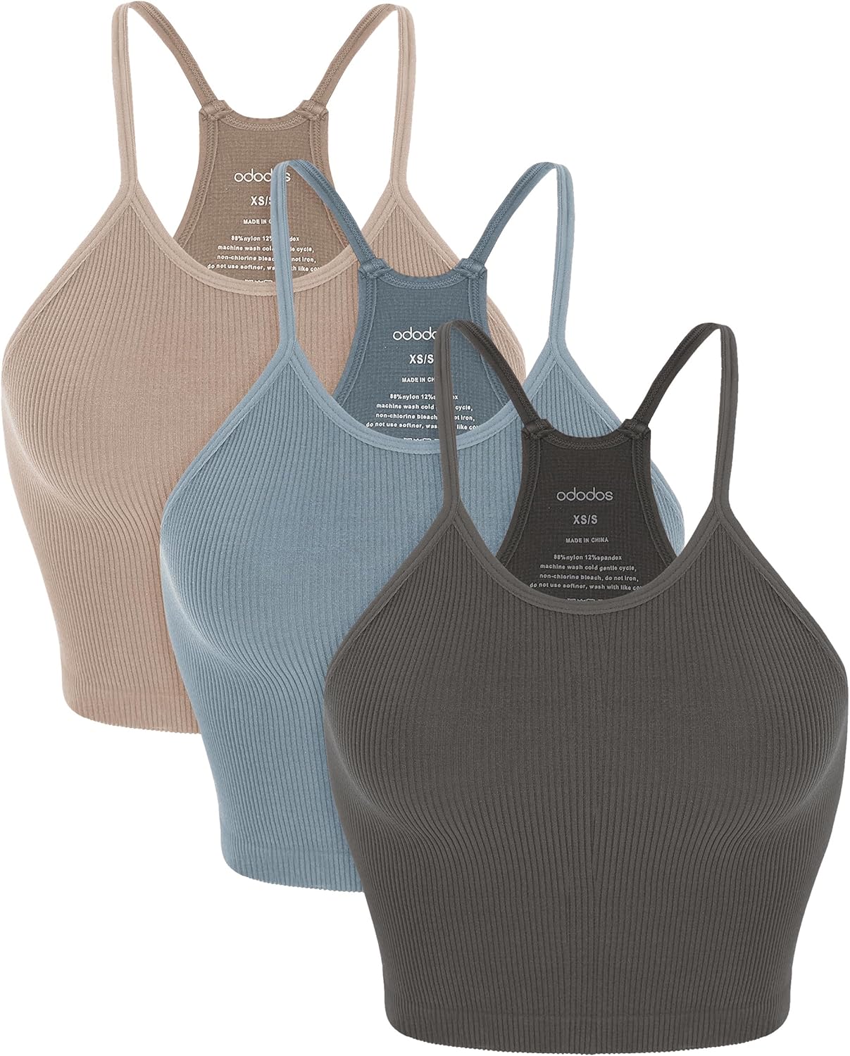 ODODOS Women's Crop 3-Pack Seamless Rib-Knit Camisole Crop Tank Tops Crop Length...
