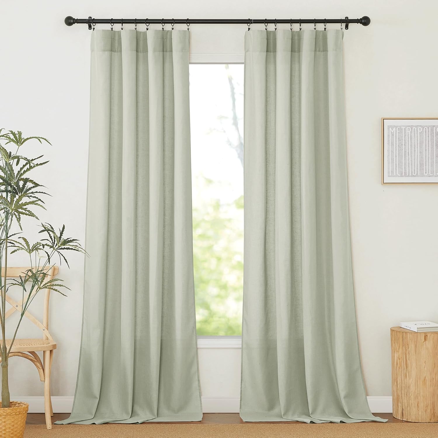 RYB HOME Thick Linen Curtains, Thick Flax Semi Sheer Rustic Vertical Drapes Livi...