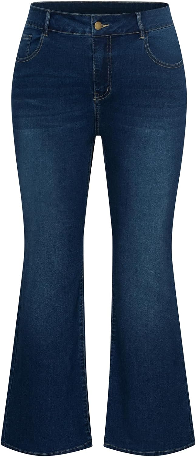 Hanna Nikole Women's Plus Size Wide Flared Jeans High Waisted Stretchy Bell Bott...