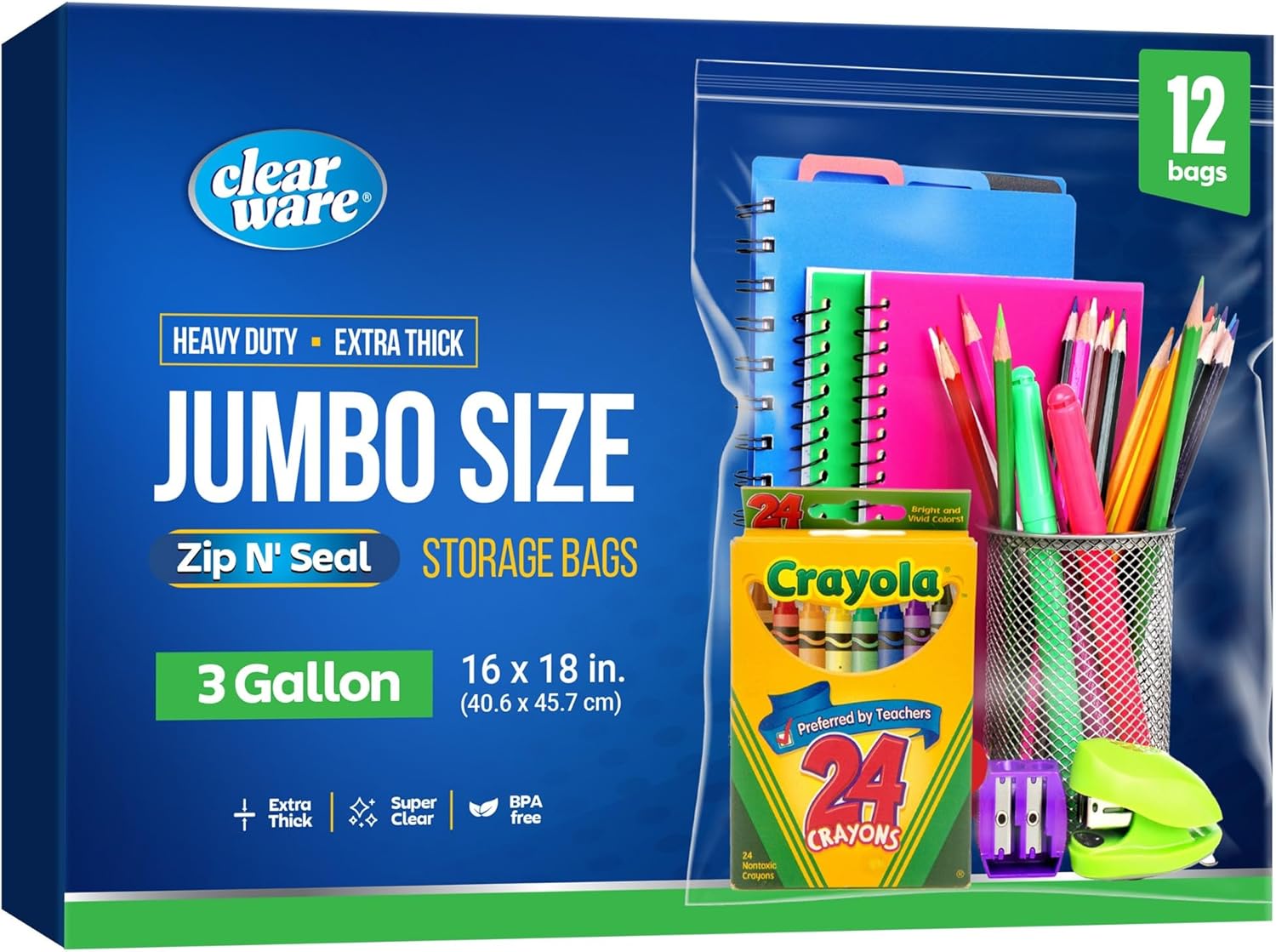 12 Large Plastic Bags With Zipper Top - 3 Gallon Bags 16" x 18", Extra Large Sto...