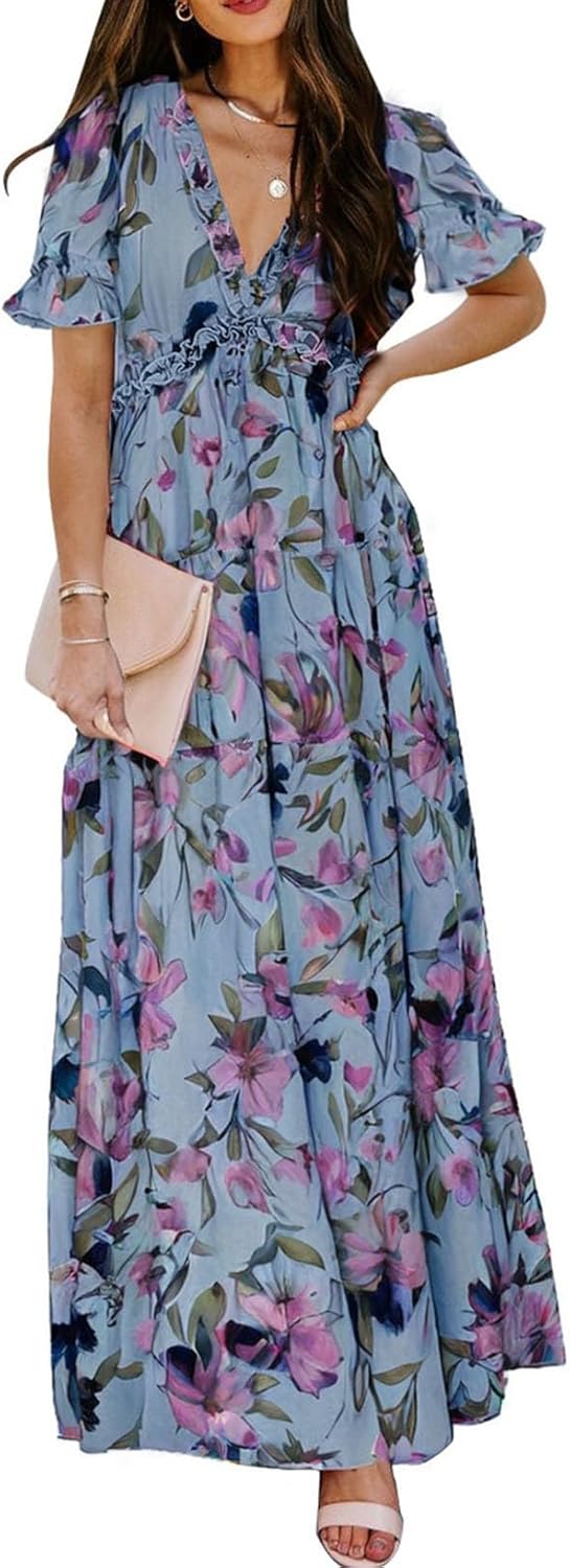 BLENCOT Womens Casual Boho Floral Printed V Neck Short Sleeve Long Evening Dress...