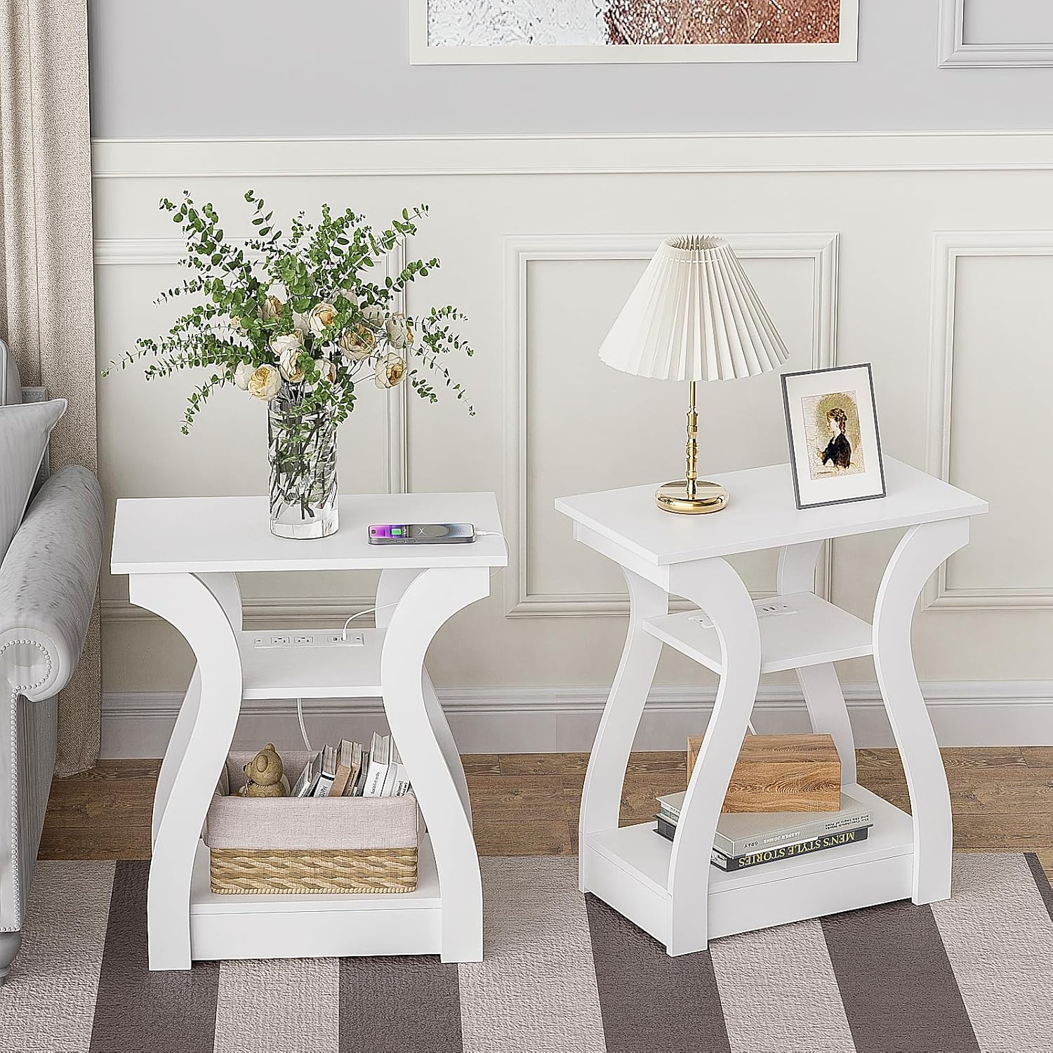 End Tables Living Room Set of 2,End Table with Charging Station,White End Table...