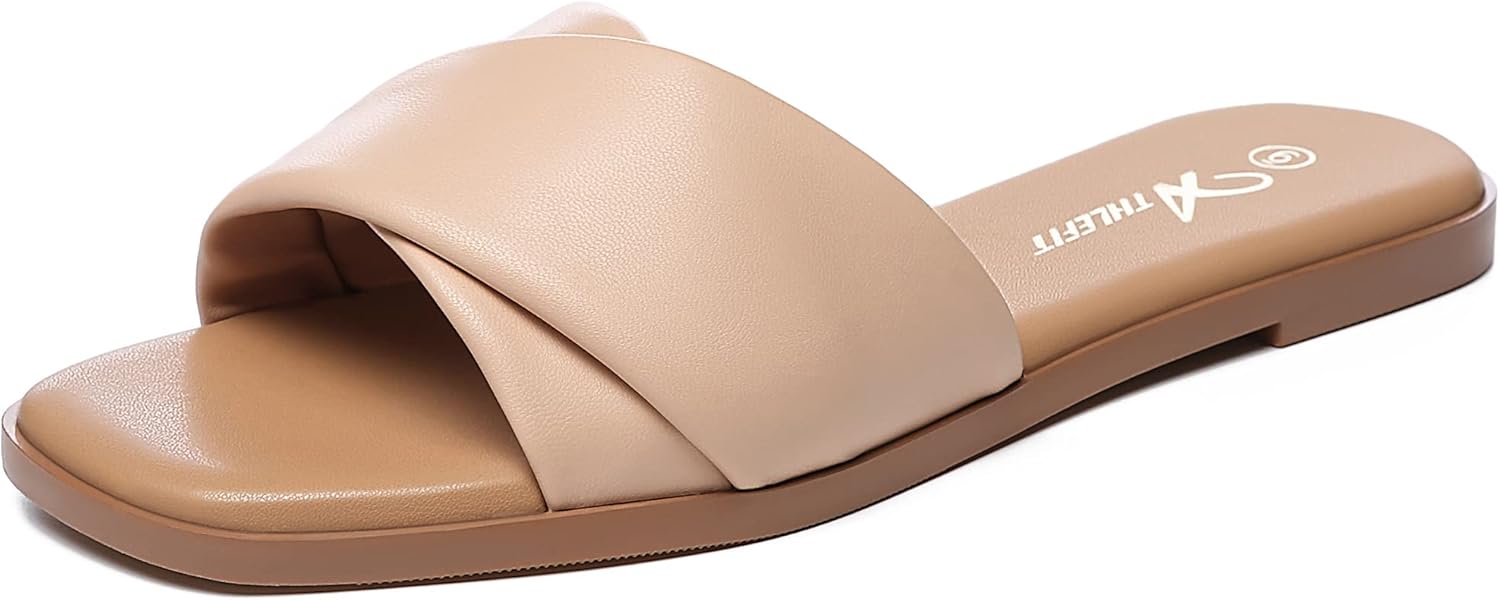Athlefit Women's Summer Flat Sandals Slip On Square Toe Soft Leather Slide Sanda...