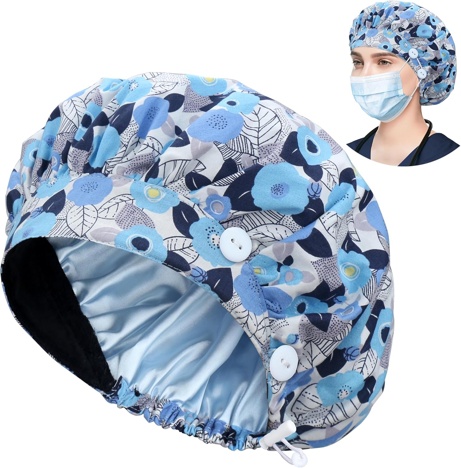 ABAMERICA Bouffant Caps with Button and Sweatband, Adjustable Scrub Caps for Wom...