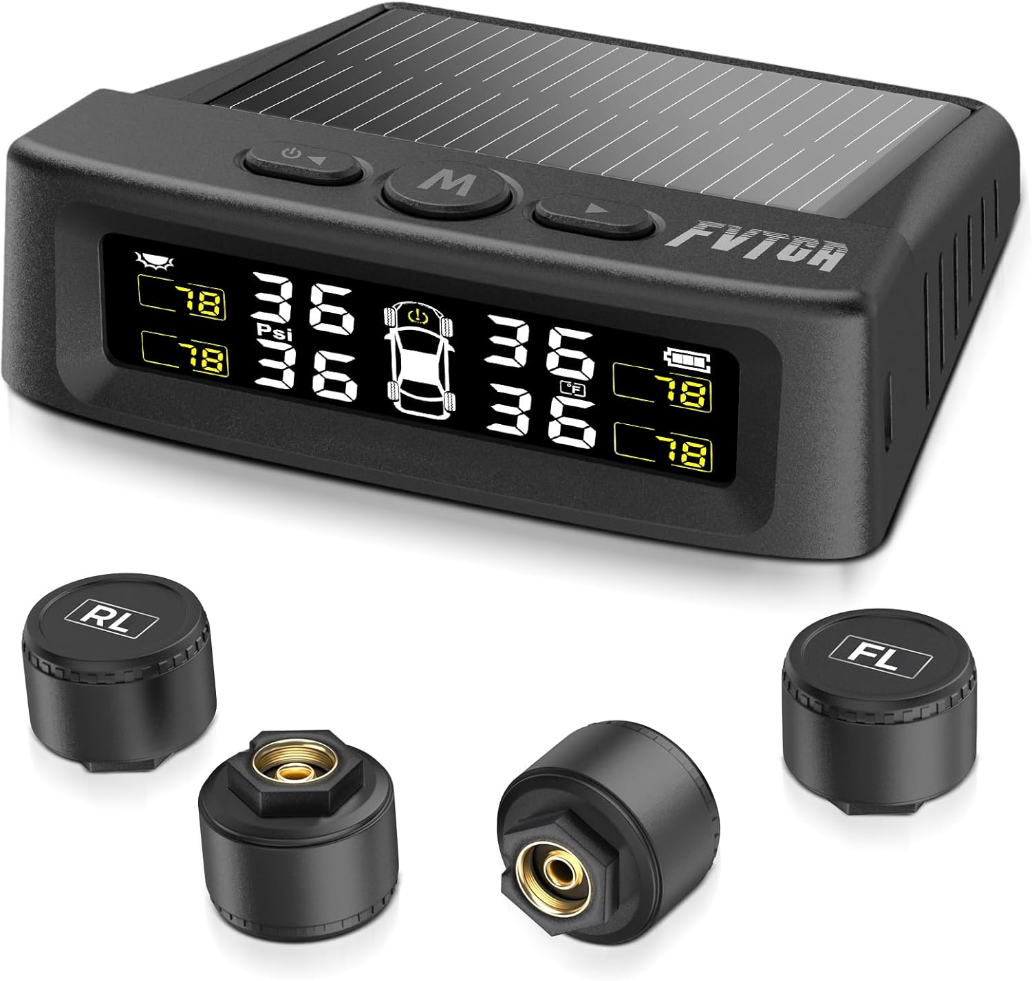 Tire Pressure Monitoring System - TPMS with Solar and USB Charger, 4 Tire Sensor...
