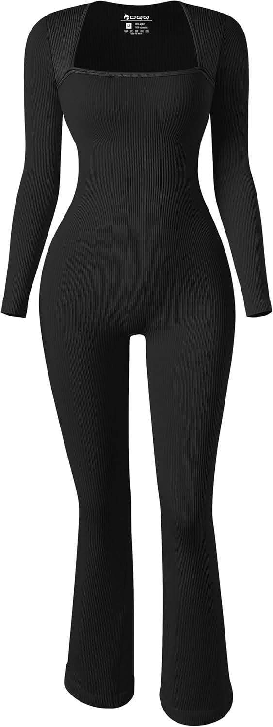 OQQ Long Sleeve Jumpsuits for Women Ribbed Long Sleeve Yoga Bell Bottoms Flare J...