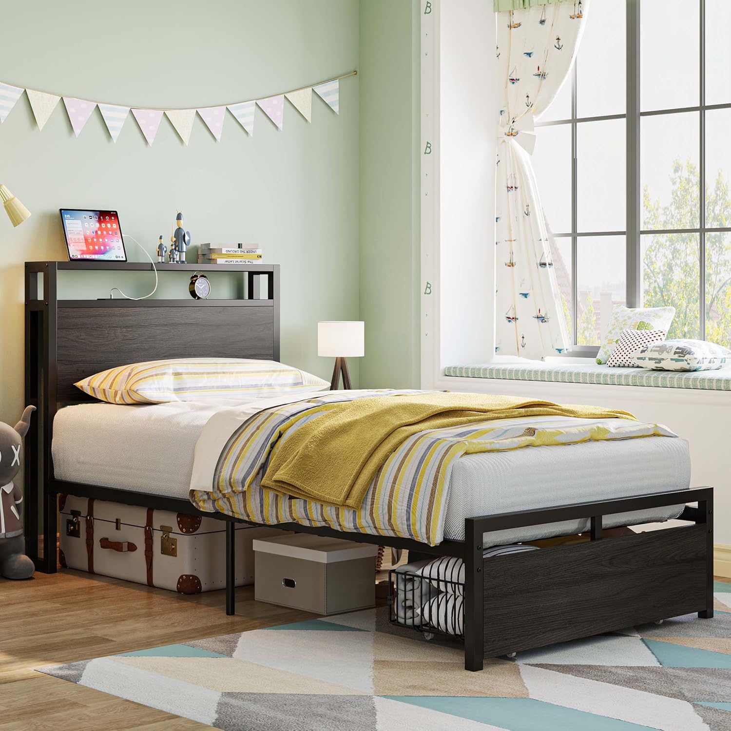 LIKIMIO Twin Bed Frames with Drawer, Storage Headboard with Outlets, No Box Spri...