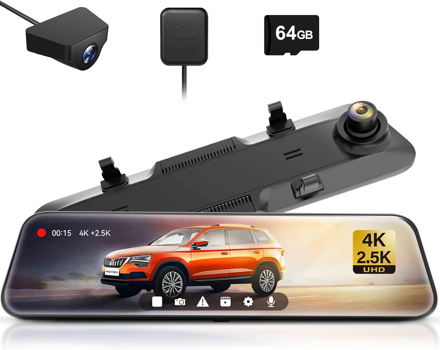 WOLFBOX Rear View Mirror Camera:Mirror Dash Cam Front and Rear 4K+2.5K for Car w...