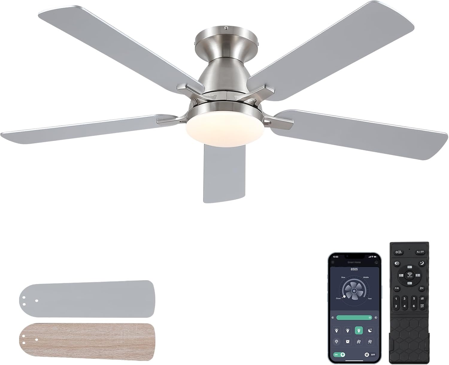 Ceiling Fans with Lights, 52" Flush Mount Ceiling Fan with Light and Remote/APP...