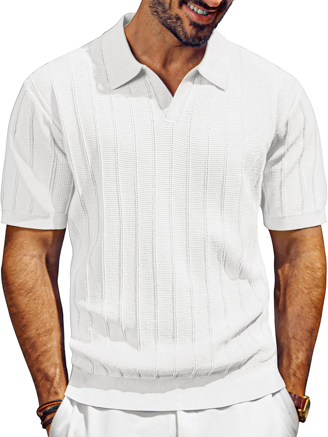 PJ PAUL JONES Mens Polo Shirts V-Neck Knit Polo Textured Summer Shirts Large Whi...