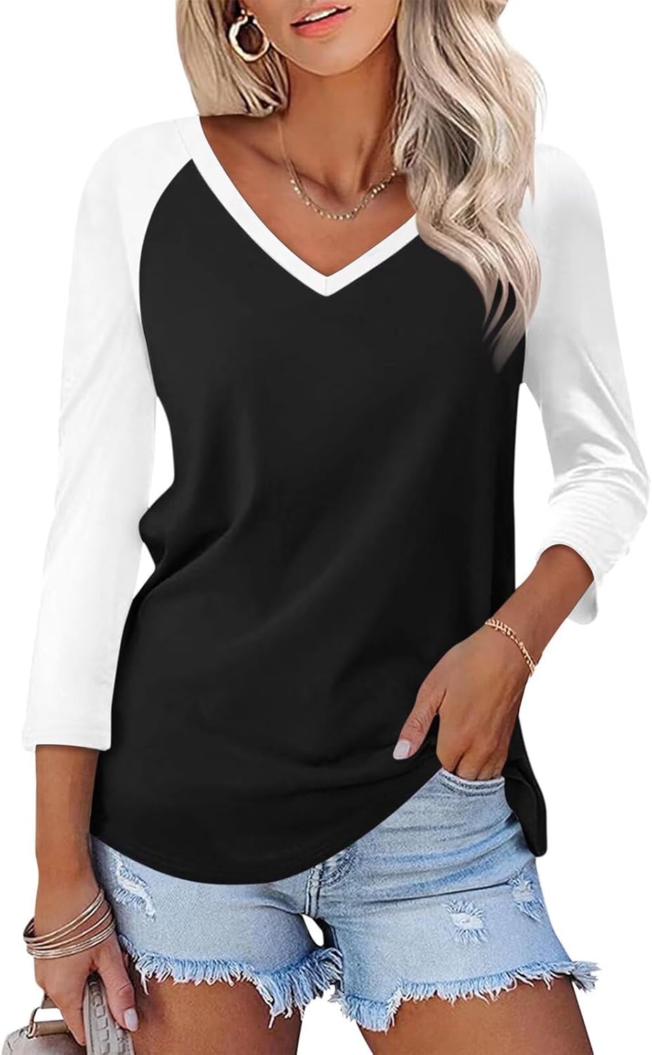 Minetom Women's V Neck 3/4 Sleeve T Shirt Solid/Color Block Casual Basic Tops Su...