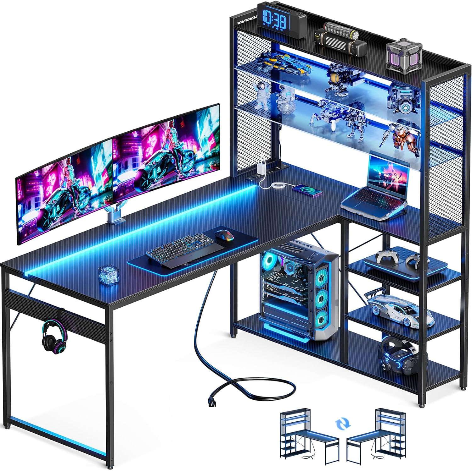 MOTPK L Shaped Gaming Desk, Reversible Computer Desk with Power Outlet, Gaming T...