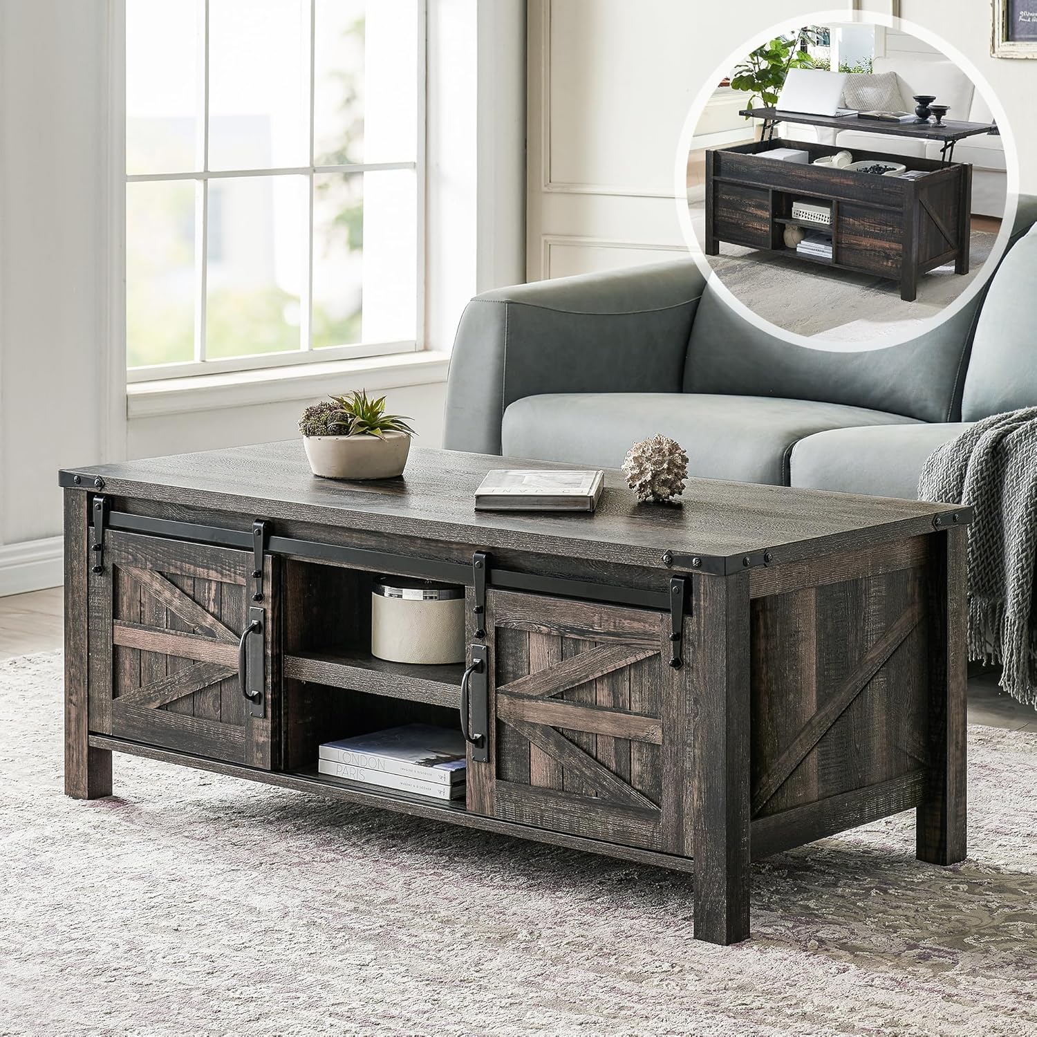 OKD 48" Farmhouse Lift Top Coffee Table with Sliding Barn Door,Rustic Center Tab...
