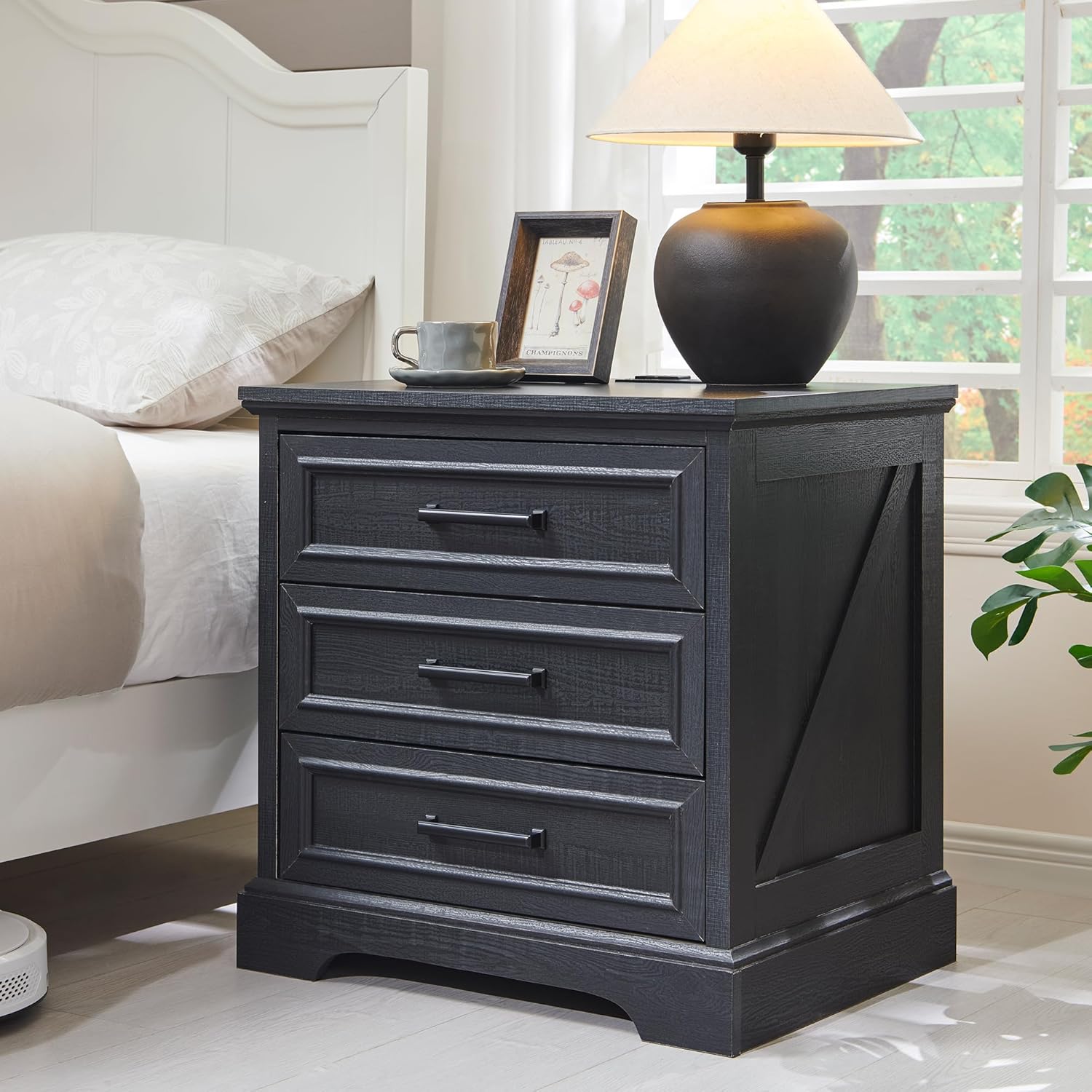 Farmhouse Nightstand with Charging Station, 24 Inch Wide End Table with 3 Large...