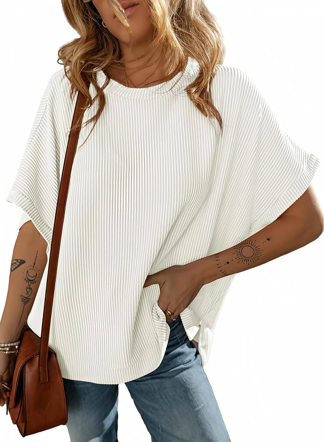 Dokotoo Women's Casual Oversized Short Sleeve Solid Color Loose Texture Knit Tun...