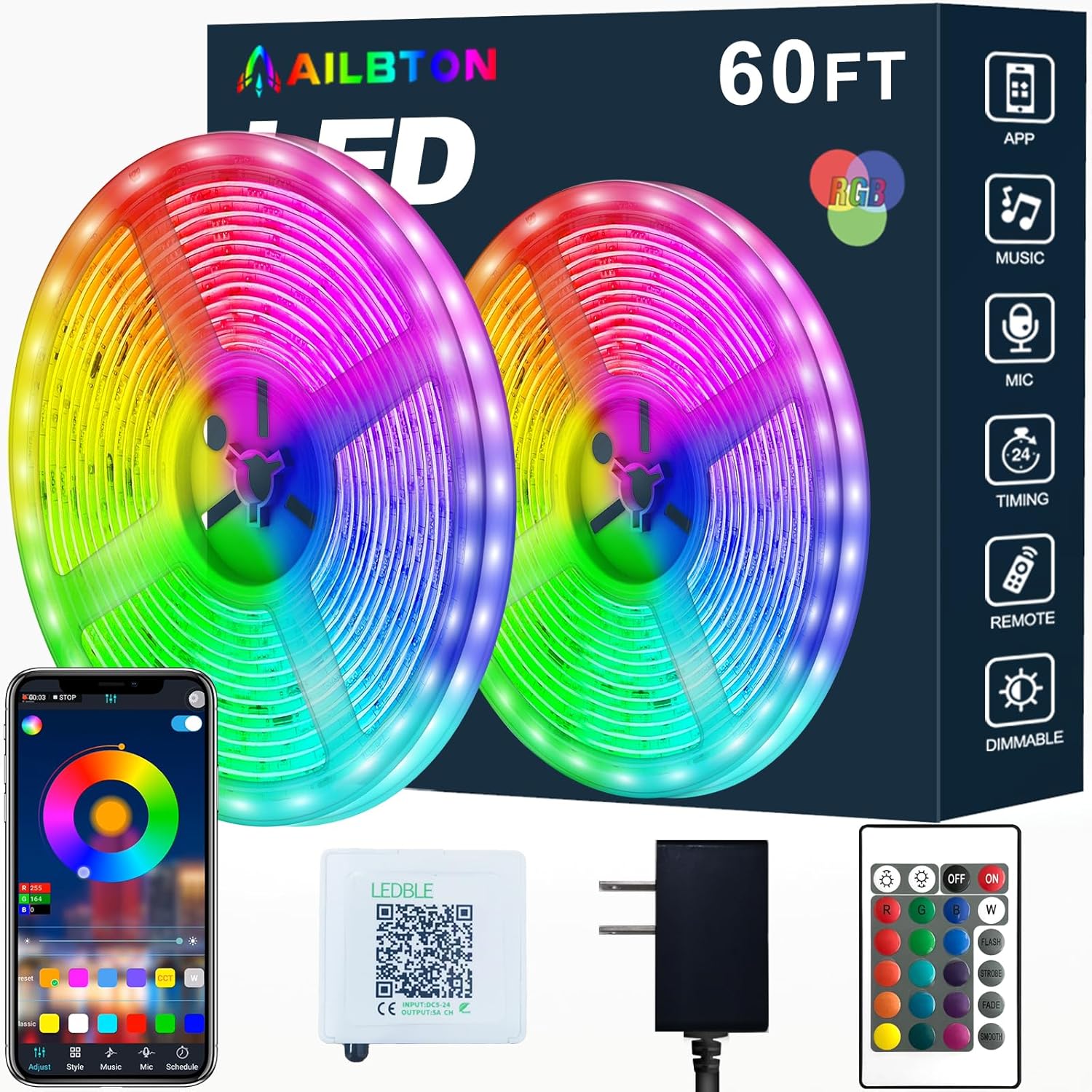 AILBTON Led Strip Lights,60ft Music Sync Color Changing, Built-in Mic,Bluetooth...