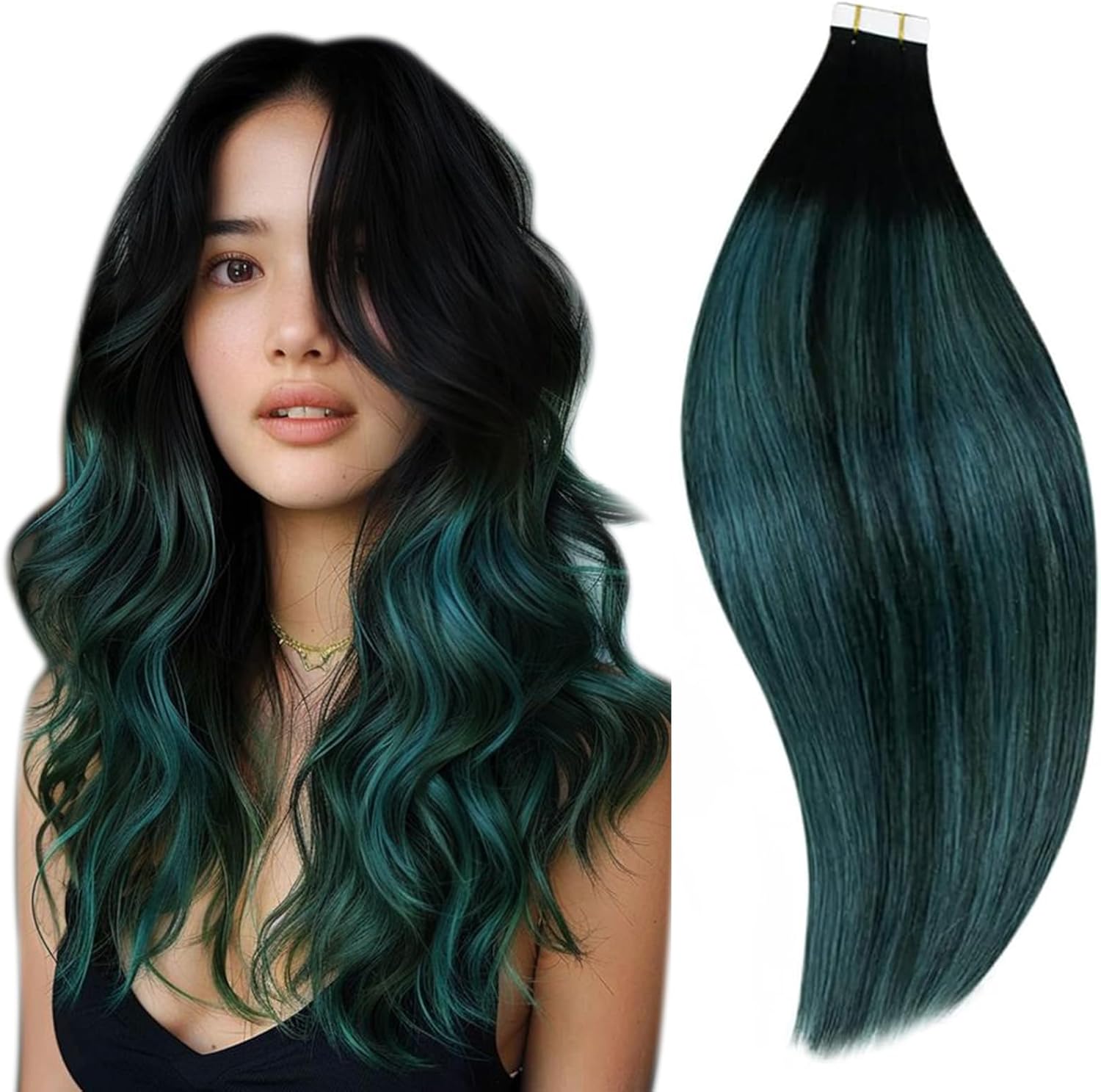 RUNATURE Tape in Hair Extensions Real Human Hair Black Ombre Teal Tape in Exteni...