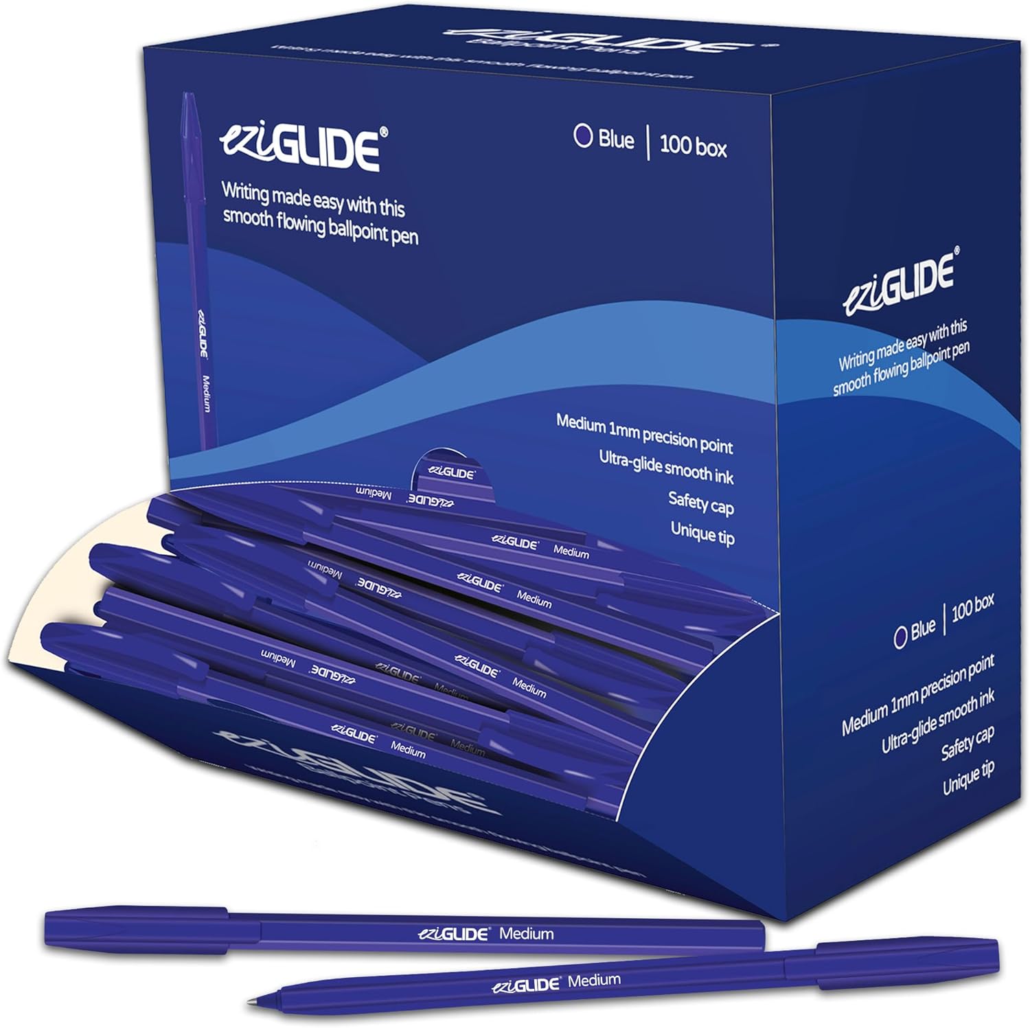 Eziglide Ballpoint Blue Pen, Pack of 100 Ballpoint Pens, Smooth Writing Action-M...