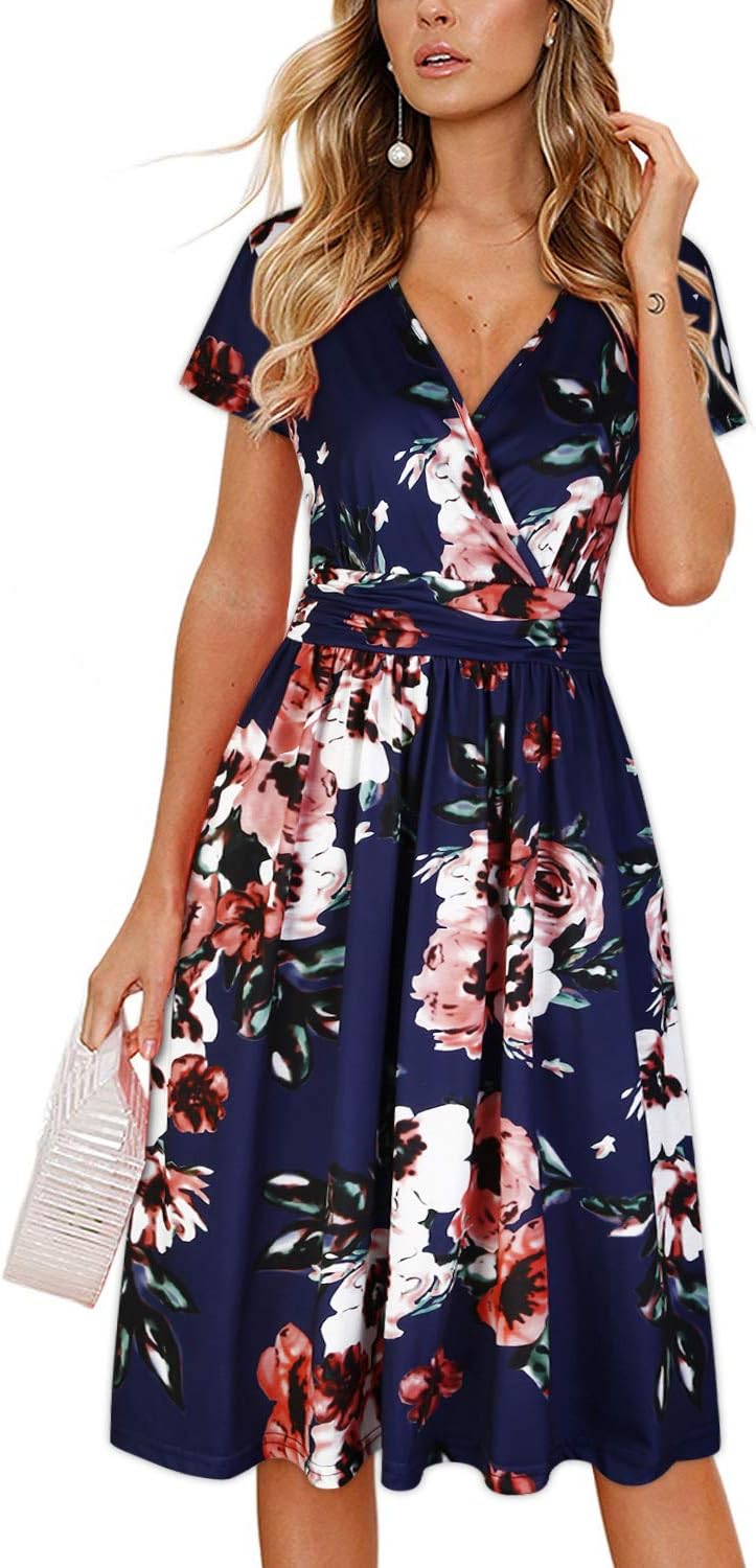 OUGES Women's Summer Midi Dress V-Neck Long/Short Sleeve Floral Ladies Spring Dr...