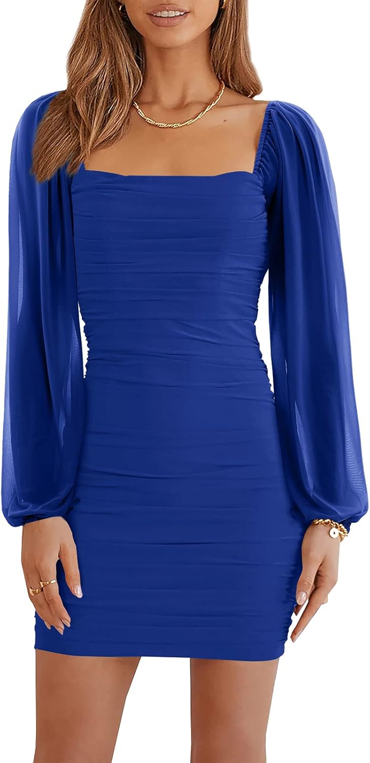 Ofenbuy Women's Mesh Long Sleeve Dress Square Neck Ruched Mini Bodycon Dress Str...