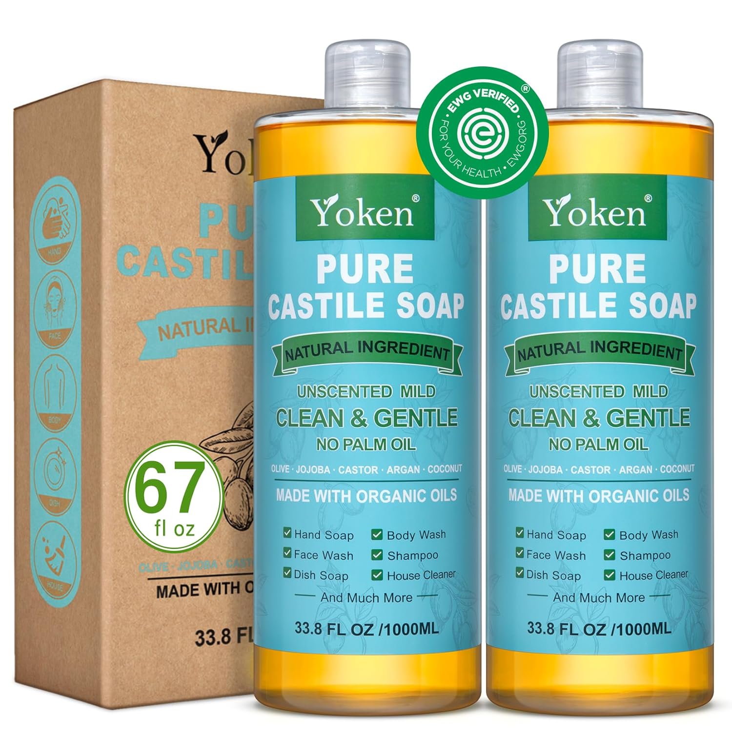 Yoken Pure Castile Soap Liquid Unscented 67 fl oz Castile Liquid Soap Made With...
