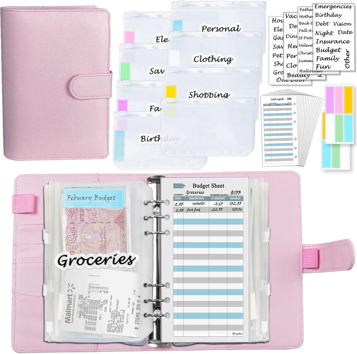 A6 Budget Planner kit, Money Saving Wallet Binder,Silver 6 Ring Binder, with Cas...