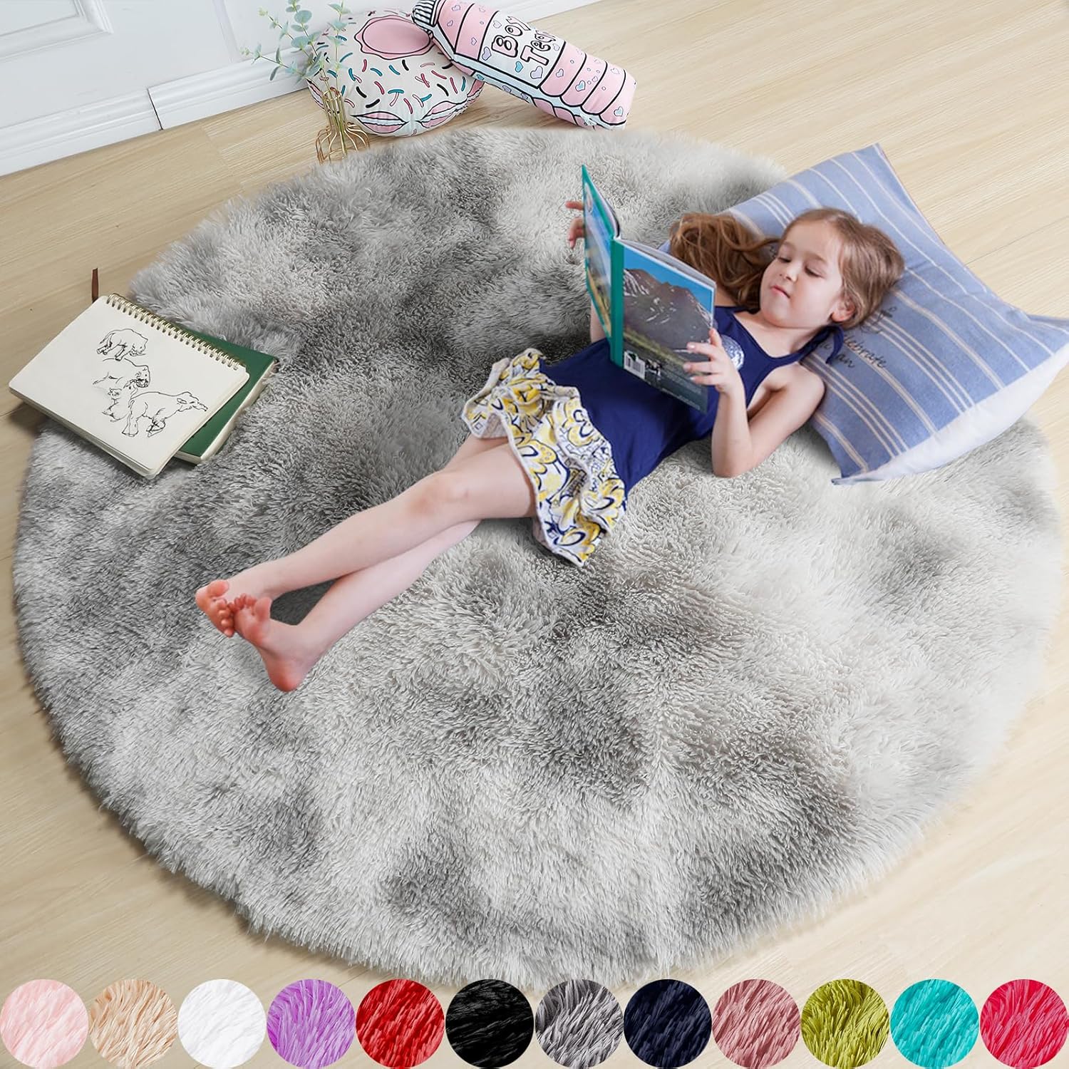 Amdrebio Tie-Dyed Light Grey Round Area Rugs for Living Room, 6x6 ft Rug, Soft L...