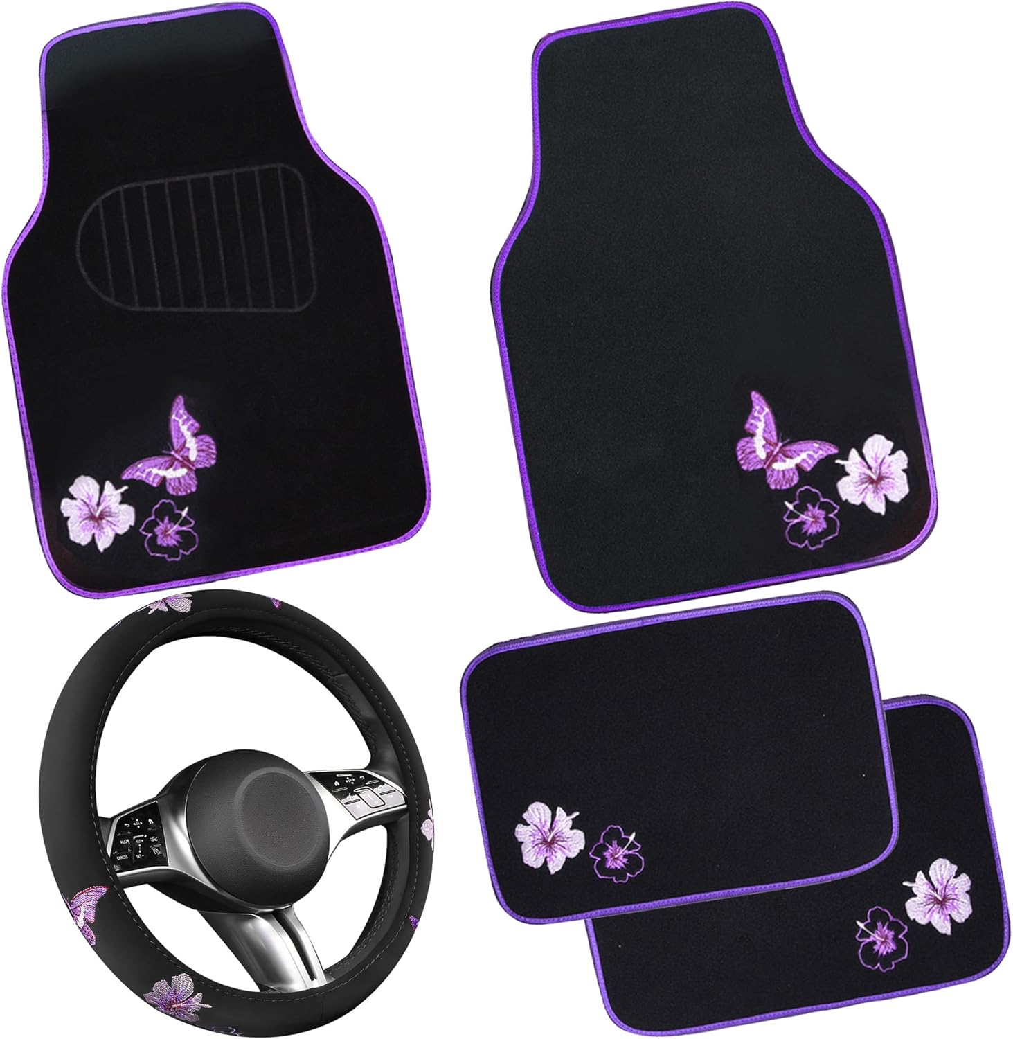 CAR PASS Butterfly Steering Wheel Cover and Waterproof Car Floor Mats,Purple Car...
