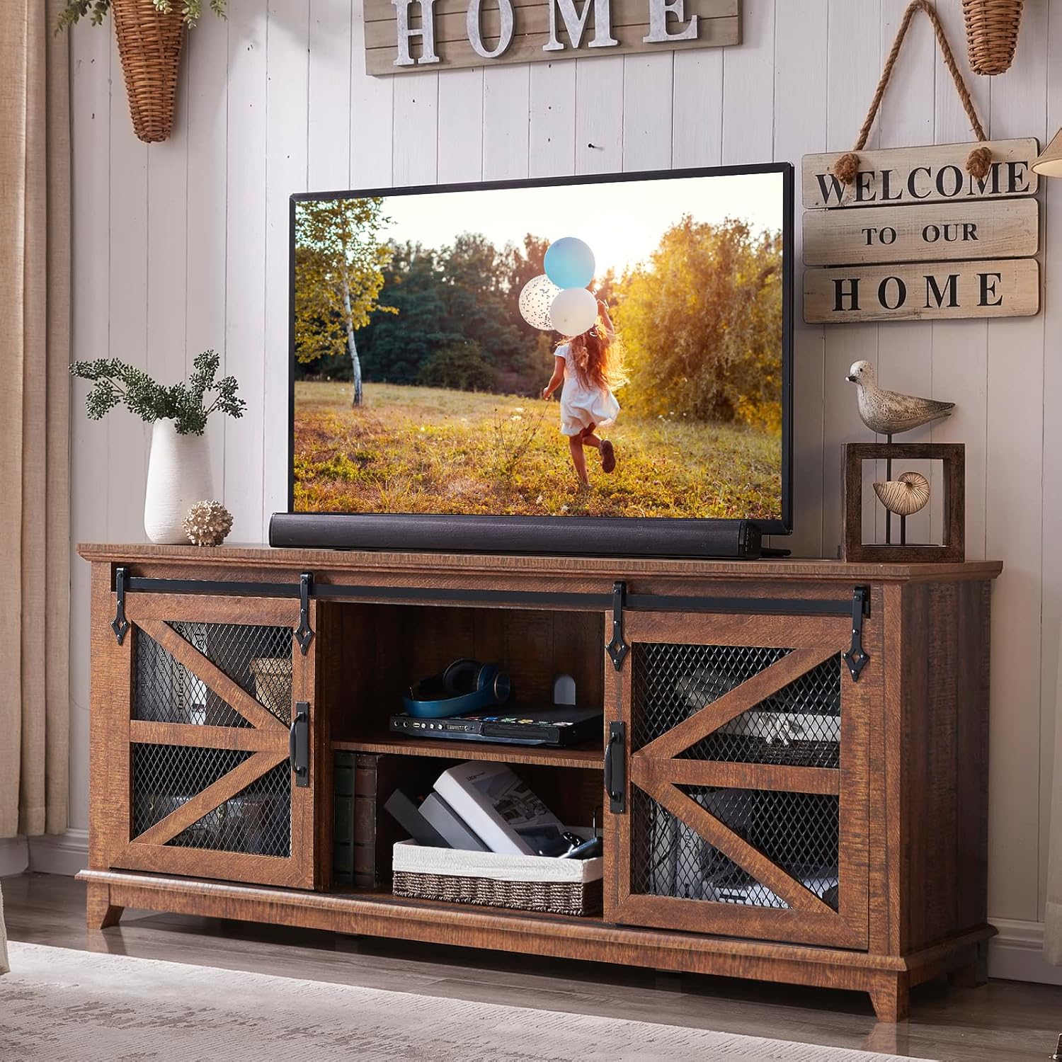 OKD Farmhouse TV Stand for 75 Inch TV, Industrial & Farmhouse Media Entertainmen...