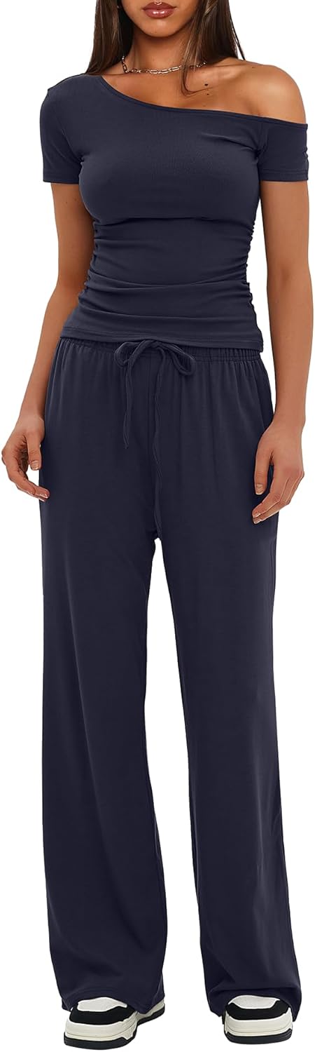 Darong Women's 2 Piece Outfits Lounge Sets Off Shoulder Short Sleeve Tops and Hi...