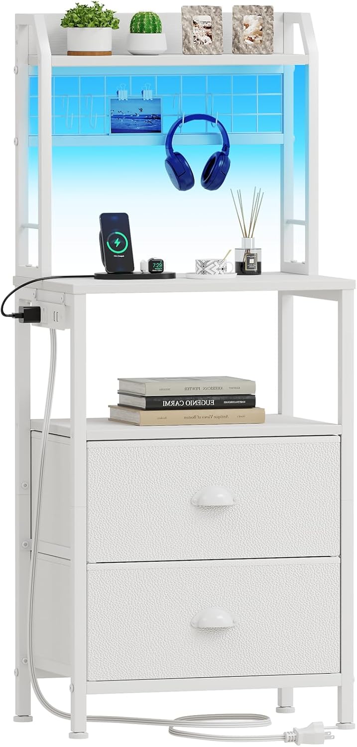 Furologee 41'' Tall Nightstand with Charging Station, Bedside Table with LED Lig...