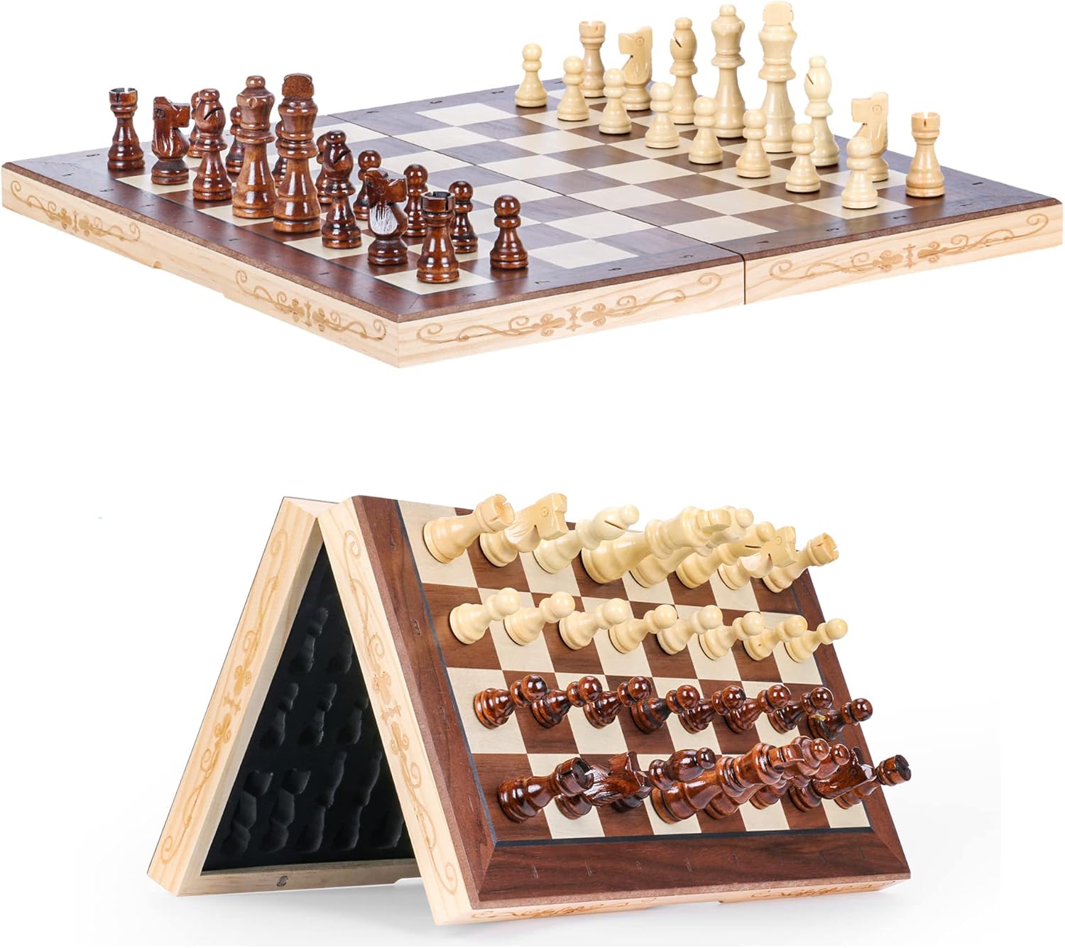 Syrace Magnetic Chess & Checkers Set Board Games, Wooden Foldable Hand Carved Po...